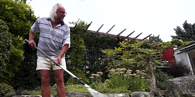 Old and young scene by sexy hottie and horny grey-haired gardener