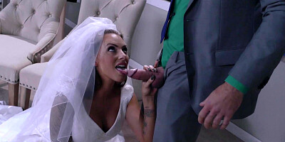 A sexy blonde in a wedding dress is getting penetrated by a dude