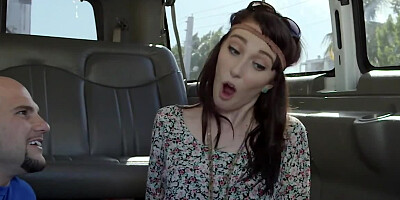 Hippie chick fools around in van where she strips and not only