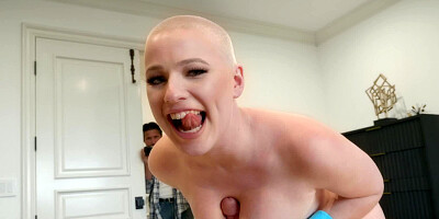 Cumshot on the shaved head of cute slut Riley Nixon