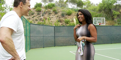 Curvy black chick on a tennis court for sporty dude dick