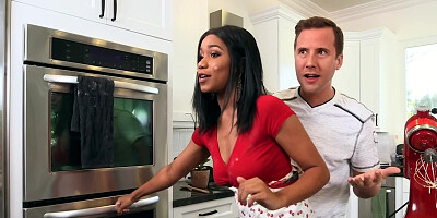 Ebony babe seduced and fucked while working in the kitchen