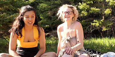 Horny teens are having interracial lesbian sex in the meadow