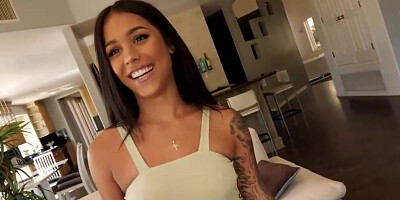 Inked, Latin brunette with a beautiful smile, Camila Cortez is getting fucked on the sofa