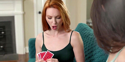 Strip poker ended with redhead and brunette having a threesome with their roommate
