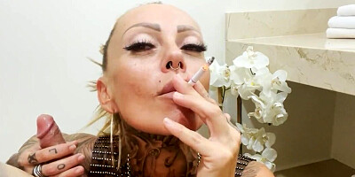 Inked German MILF smokes and sucks stepson's dick