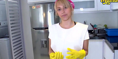 Blonde woman is taking care of housekeeping and client's giant erection