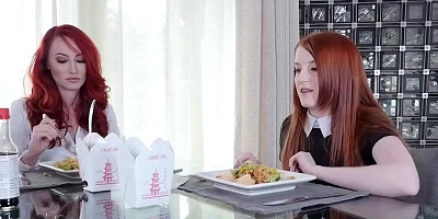 Redhead MILF Kendra James and stepdaughter Krystal Orchid are scissoring