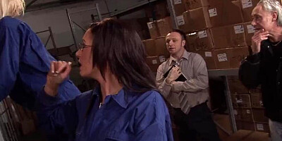 Two girls and two co-workers are having 4some in the warehouse