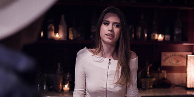 College brunette is willing to fuck her boss in order to keep the bartending job