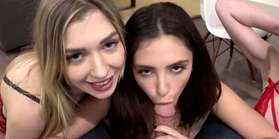 Three teen chicks are playing with a single cock before taking turns on it