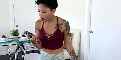 Inked black girl Honey Gold sucks a cock and gets hammered