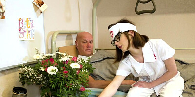 The exotic nerdy nurse takes care of an older man